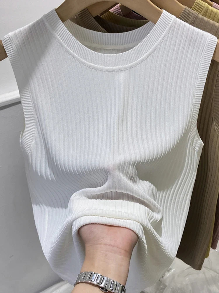 Korea Knitted Vests Women Top V-neck Solid Tank Blusas Mujer De Moda 2026 Summer New Fashion Female Sleeveless Casual Thin Tops