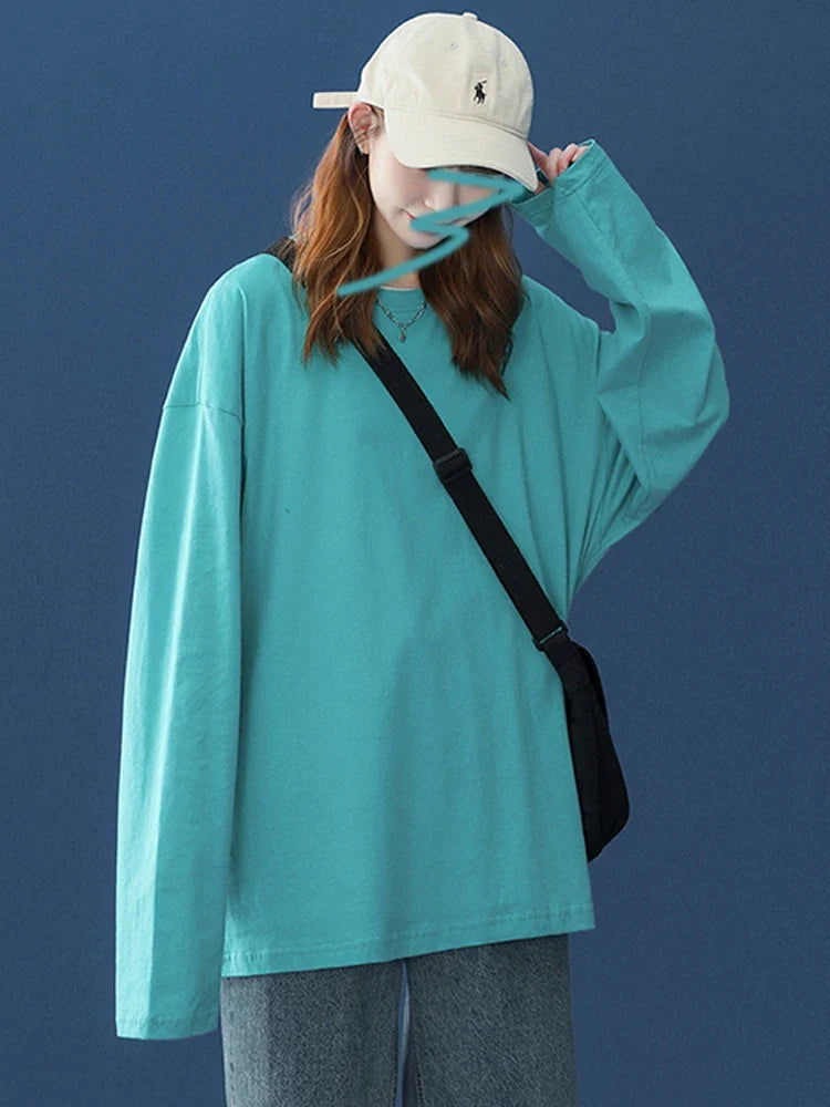 LEGIBLE 2026 Spring Autumn Long Sleeve Cotton T-Shirt Women Basic Tee Shirt Oversize T Shirt Women Casual O-neck Women tshirt