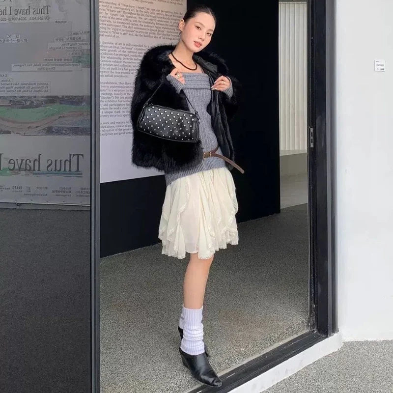 Deeptown Korean Style Lace Tulle Skirt Women Fairycore Sweet Elegant Ruffle Skirts Vintage Streetwear Irregular Layered Skirts
