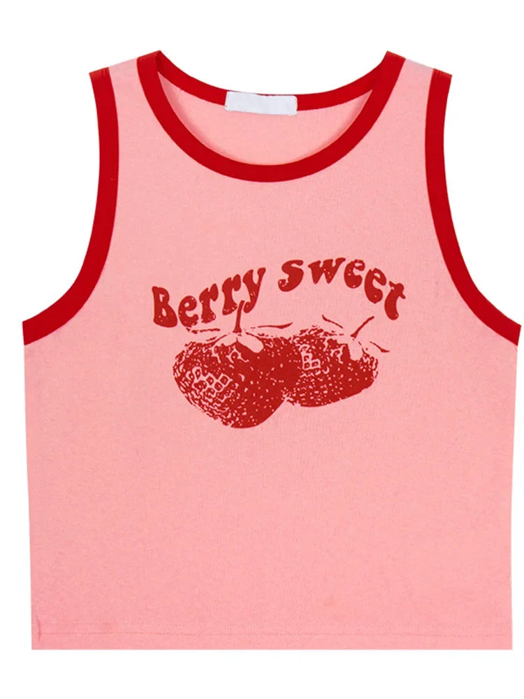 2024 Pink Print Y2k Tank Top Summer Off Shoulder O Neck Sleeveless Fashion 90s Vintage Crop Tops Women Casual Sexy