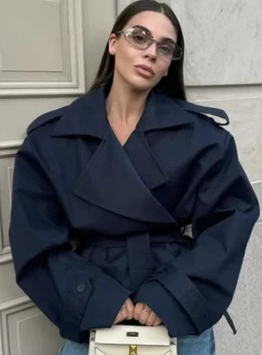 Solid Lapel Lace Up Trench Coat Women Fashion Full Sleeve Waist Cinching Short Windbreak New Autumn Office Commute Outwear 2026