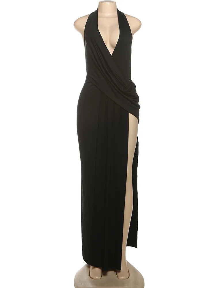 Sisterlinda Sexy High Splits Long Dress Women Halter Deep V-Neck Backless Sleeveless Summer Pool Party Ruched Elegant Vestidos
