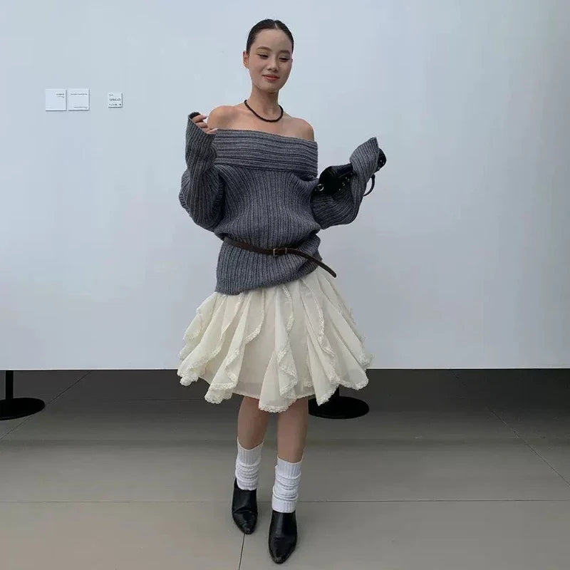 Deeptown Korean Style Lace Tulle Skirt Women Fairycore Sweet Elegant Ruffle Skirts Vintage Streetwear Irregular Layered Skirts