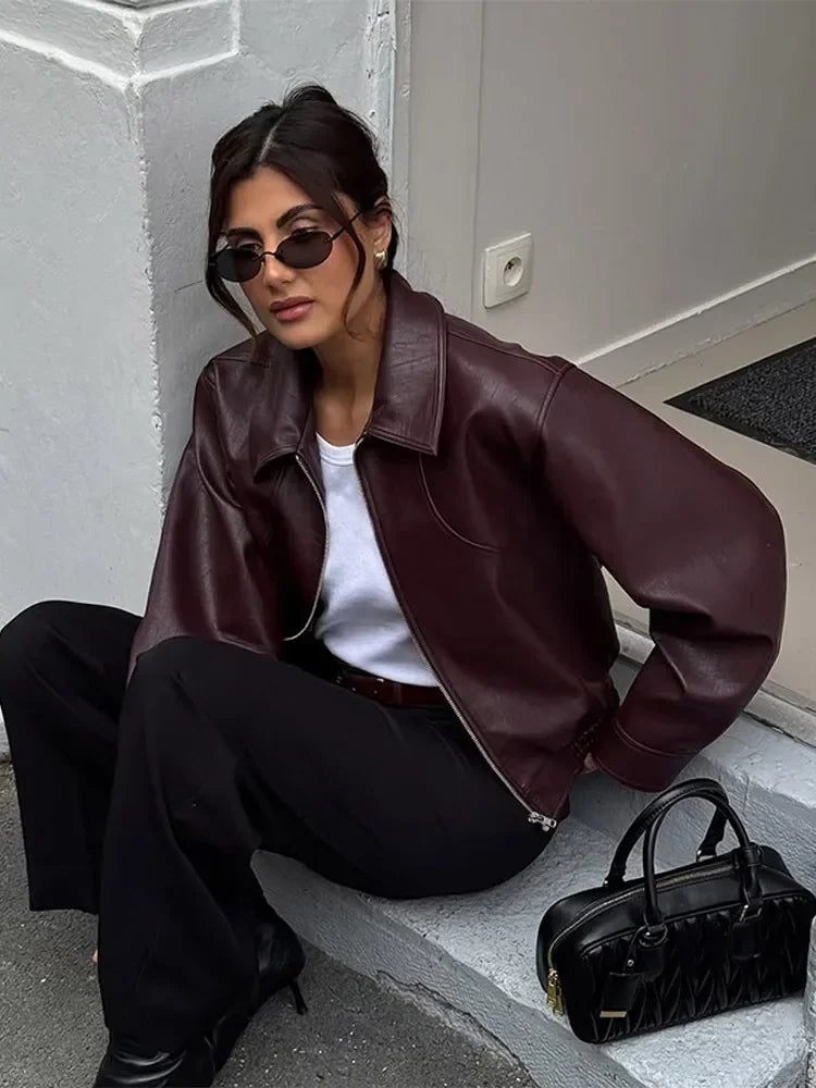 Full Sleeve Cropped Wine Red Leather Jacket Women Casual Slim Thin Pu Motorcycle Coat Zipper Lapel Lady New Highstreet Outwear