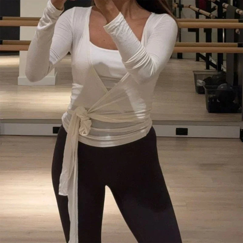 Women Cross Wrap Tie Crop Tops Yoga Shirts Long Sleeve Deep V Neck Solid Color Slim Fit Shirts Ladies Yoga Workout Blouses Tees