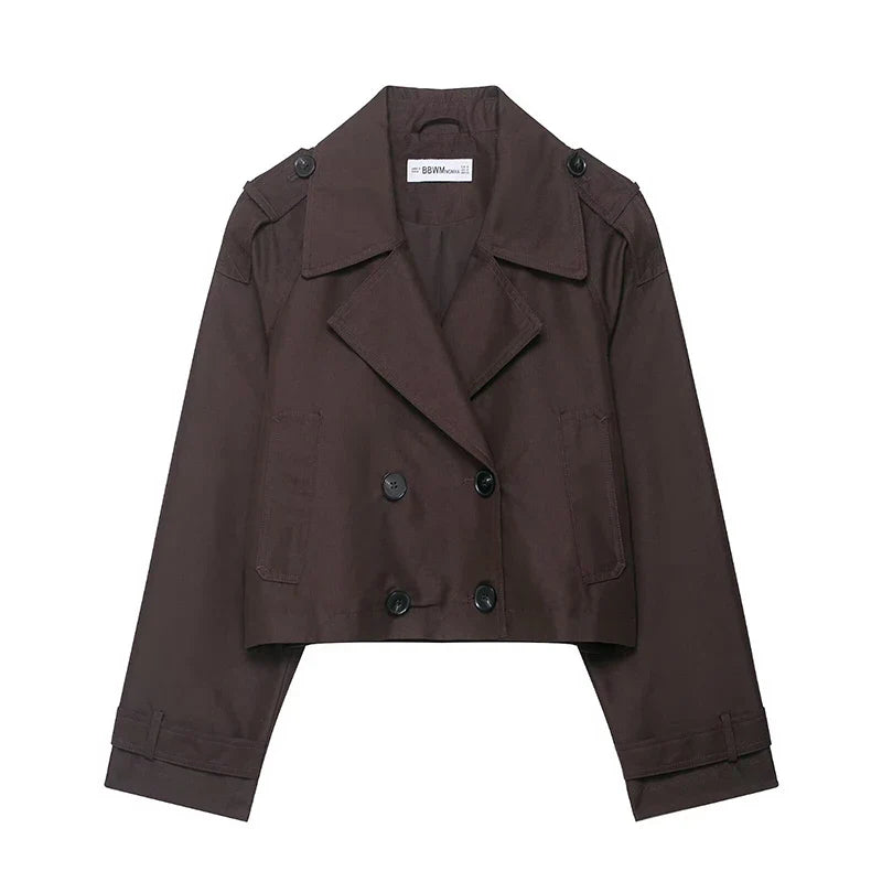 Women's Fashion Double Breasted Short Trench Coat Turn-down Collar Long Sleeve Coats Vintage Female Outerwear Chic Tops