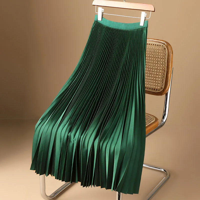 Women Vintage Midi Skirt Wide Elastic Waistband High Waist Pleated A-Line Skirt Summer Solid Color Smooth Satin Long Skirts