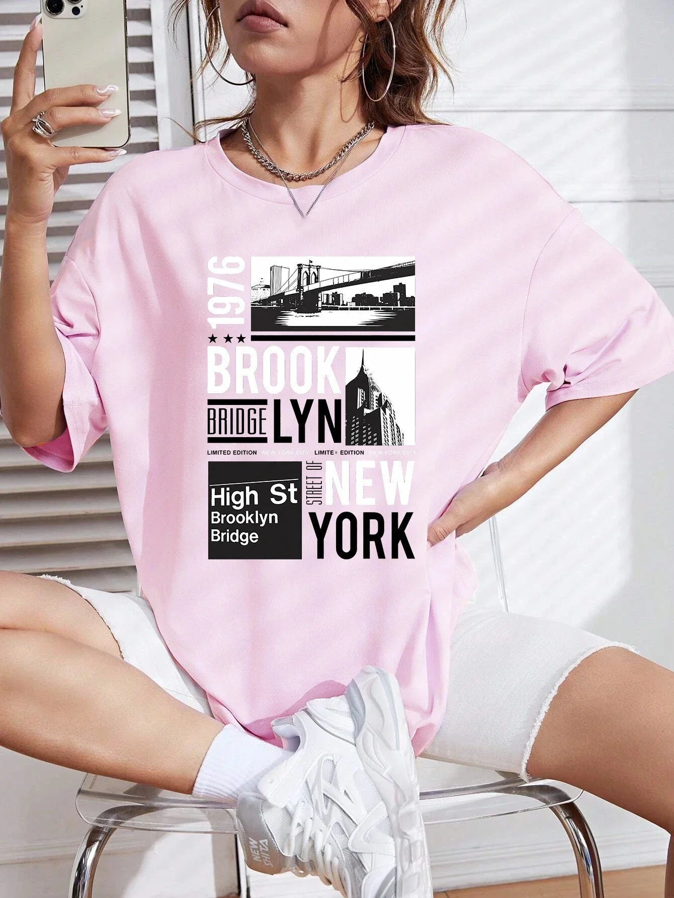 New York Brooklyn 1976 Printing Women T-Shirt Creativity Casual Tee Shirts Street Hip Hop Short Sleeve Basic All-Match Tshirts