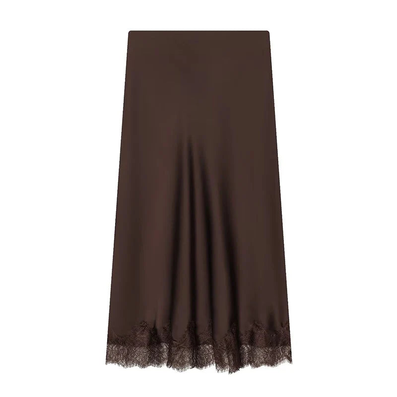 Women's Skirts Fashion Lace Decoration Satin Midi Skirt Vintage Women High Waist Long Skirts