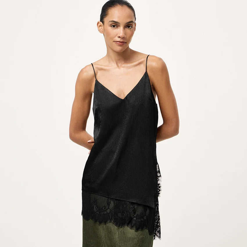 Linad Elegant Satin Apricot Spaghetti Strap Camisole Street Chic Lace Split Vest Female Casual Silk Tops Women 2025 Summer Pink