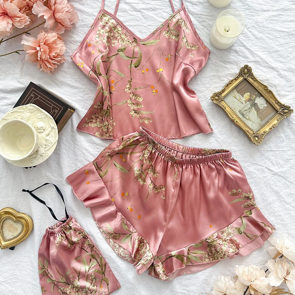 Elegant Floral Print Cami Tops Ruffle Hem Shorts Pajama Set  Women's Sleepwear Loungewear