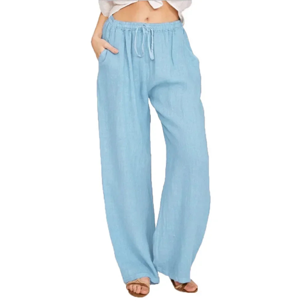 Summer Autumn Women Fashion Cotton Linen Pants Elastic Waist Loose Straight Pants Female Casual Solid Color Versatile Trousers