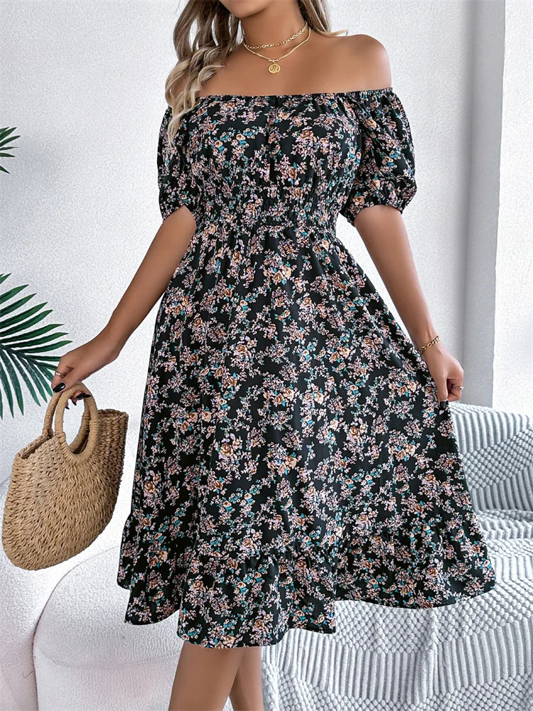 Msfilia Leisure Square Collar Spring Summer Dress Women Short Sleeve Loose Waist Design Lotus Leaf A-shaped Print Dress