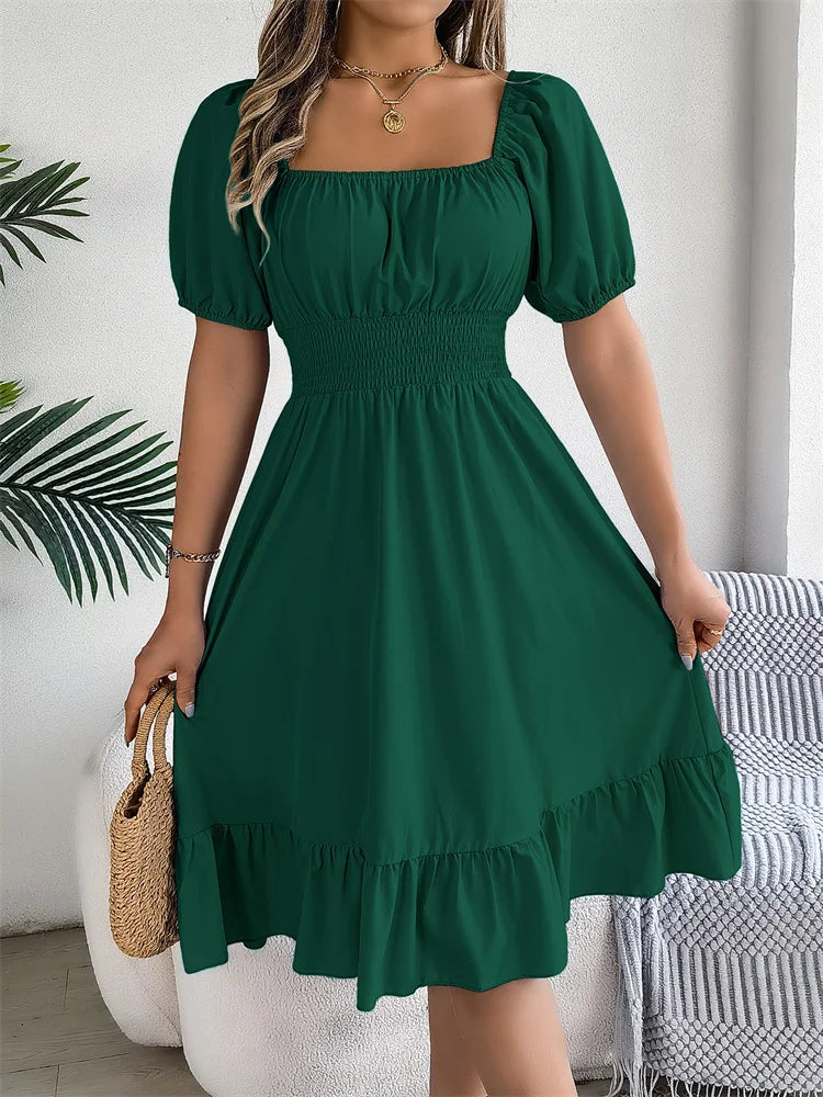Msfilia Leisure Square Collar Spring Summer Dress Women Short Sleeve Loose Waist Design Lotus Leaf A-shaped Print Dress