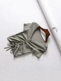 Sexy V Neck Cropped Tank Tops Women Drawstring Tie Up Front Camis Candy Colors Streetwear Slim Fit Ribbed Crop Top