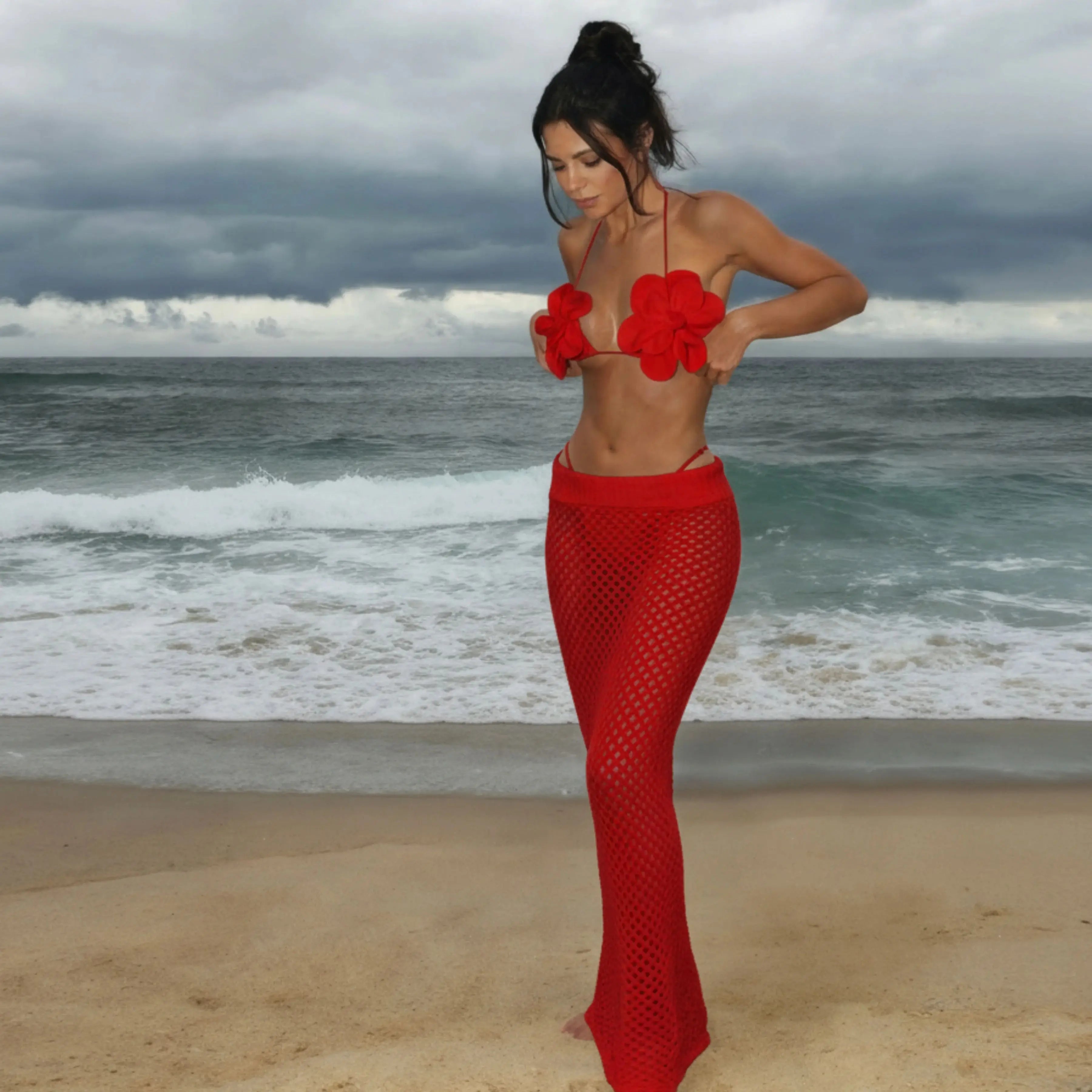 New Women Two Piece Set Skirt Suit 3D Flower Top Skirt Sleeveless Sweet Waist Chic Slit Skirt Beach Dance Robe