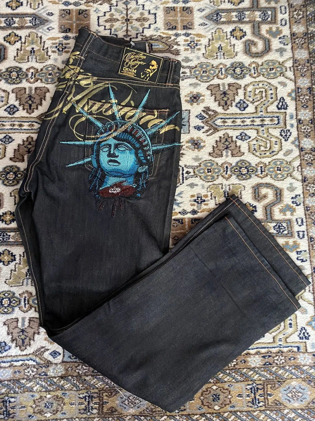 Vintage Statue of liberty Diamonds Jeans Casual Denim Pants High Waist Straight Wide Leg Jeans Harajuku Y2k 2000s Women Clothing