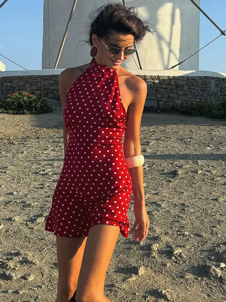 Retro Backless Polka Dot Halter Dress Women Sleeveless Off Shoulder Lace Up Slim Mini Dresses Lady Holiday Party Vestidos 2026