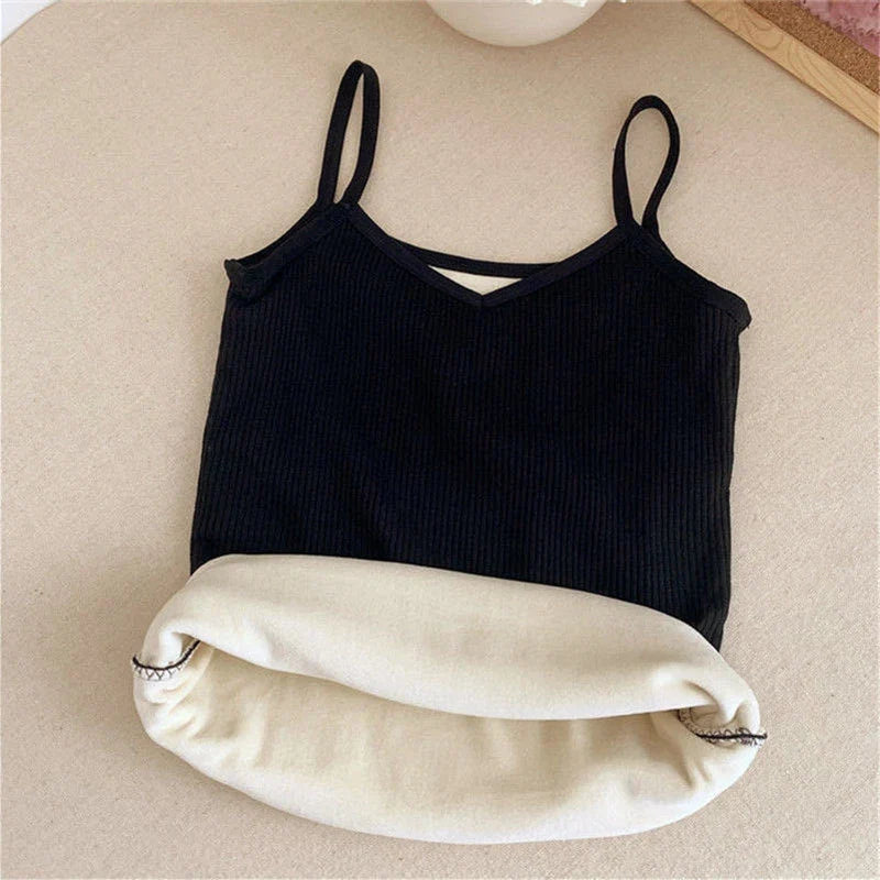 Women Sexy Solid Color Tops Thermal Casual Comfortable Elasticity Crop top Black Thin Velvet Sleeveless  Underwear Tank Top