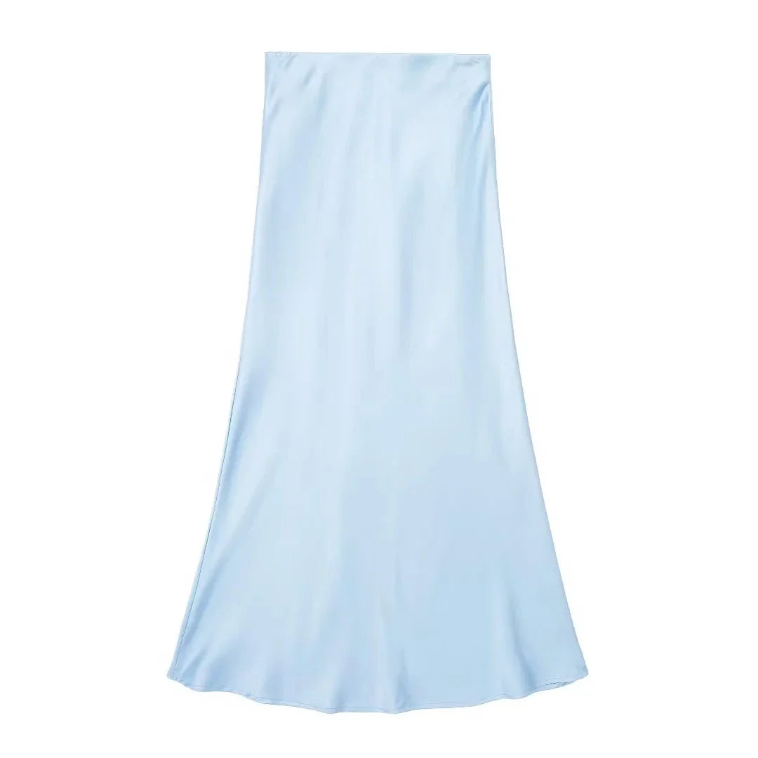 HH 2024 Y2K Casual Women Long Skirt Spring Elastic High Waisted A-Line Casual Female Satin Skirts High Street Lady Skirts