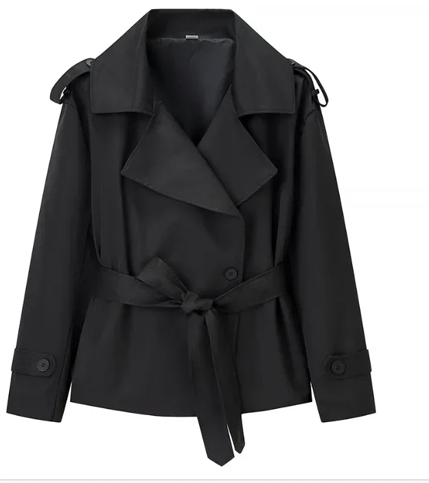 Solid Lapel Lace Up Trench Coat Women Fashion Full Sleeve Waist Cinching Short Windbreak New Autumn Office Commute Outwear 2026