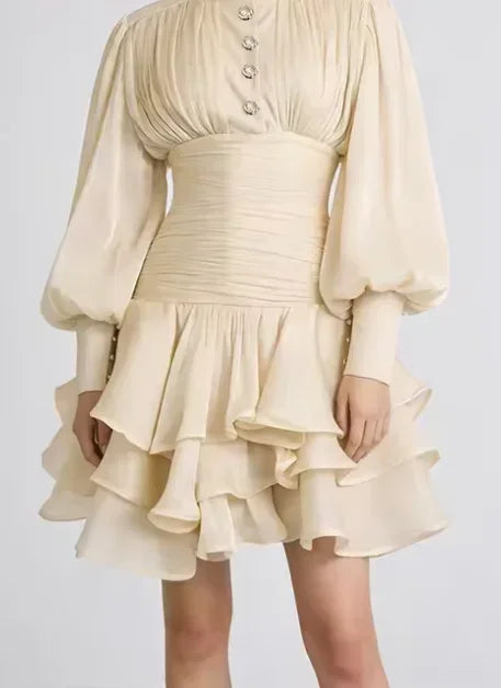 Solid Victorian-inspired Mini Dress Women Puff-sleeve Ruched Tiered Romantic Cottagecore Party Dresses 2026 Trendy Elegant Robe