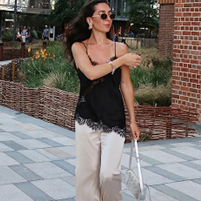 HXAO Lace Asymmetrical Top Women Tanks & Camis Summer 2025 Black Slip Sleeveless Top  Ladies y2k Backless Off Shoulder Camisole