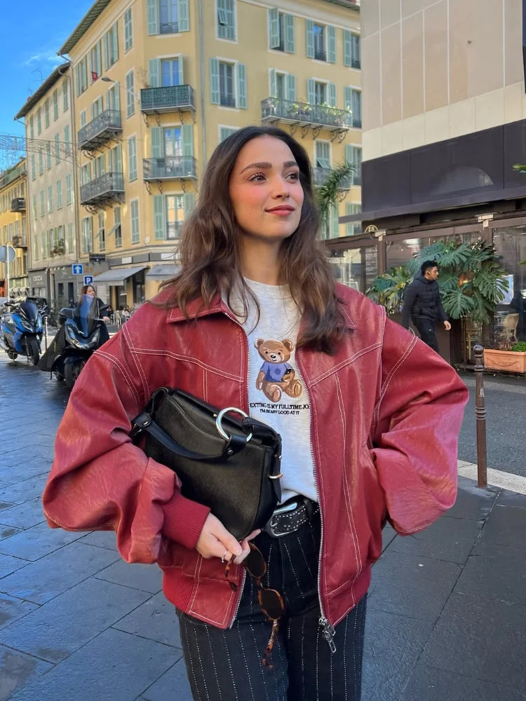 Full Sleeve Cropped Wine Red Leather Jacket Women Casual Slim Thin Pu Motorcycle Coat Zipper Lapel Lady New Highstreet Outwear