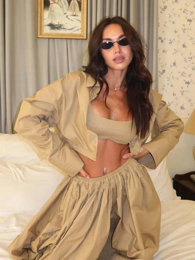 Drop Waist Lantern Pant 3 Pieces Suit Women Stripe Bikini Long Sleeve Lapel Shirt Pants Sets 2026 Female Casual Street Outfit