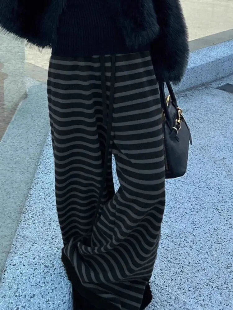 Harajuku Contrast Color Stripe Wide Leg Trousers Vintage Grunge Loose Knitted Casual Pant Y2k Aesthetic Women Straight Pants