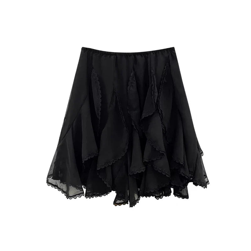 Deeptown Korean Style Lace Tulle Skirt Women Fairycore Sweet Elegant Ruffle Skirts Vintage Streetwear Irregular Layered Skirts
