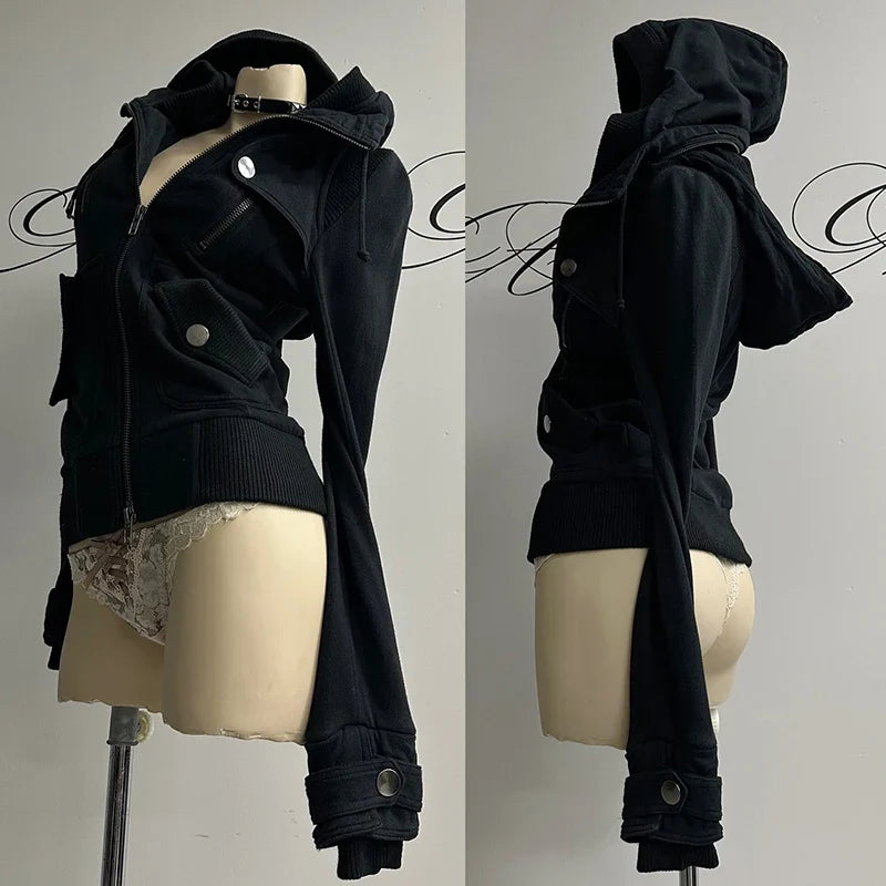 Gothic Y2K Women's Chic Hoodie Sexy Slim Casual Solid Color Female Cropped Sweatshirt Grunge Punk Vintage Aesthetics Streetwear