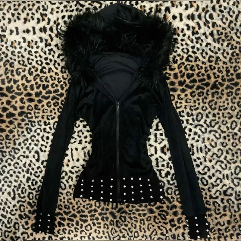 Gothic Y2K Women's Chic Hoodie Sexy Slim Casual Solid Color Female Cropped Sweatshirt Grunge Punk Vintage Aesthetics Streetwear