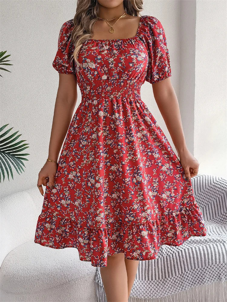 Msfilia Leisure Square Collar Spring Summer Dress Women Short Sleeve Loose Waist Design Lotus Leaf A-shaped Print Dress