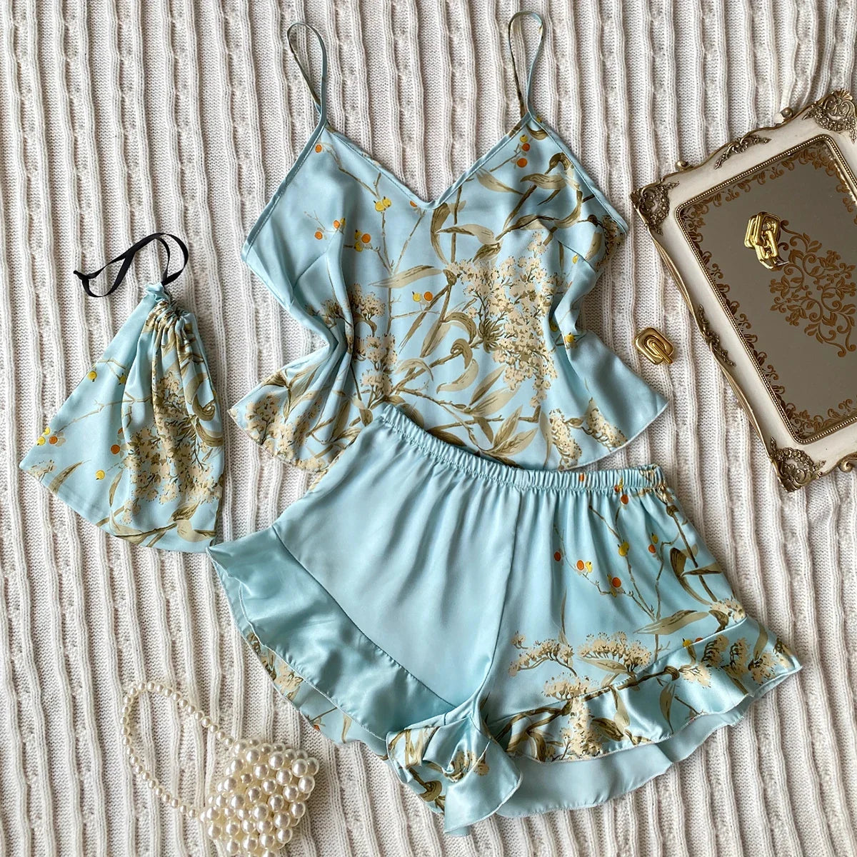 Elegant Floral Print Cami Tops Ruffle Hem Shorts Pajama Set  Women's Sleepwear Loungewear