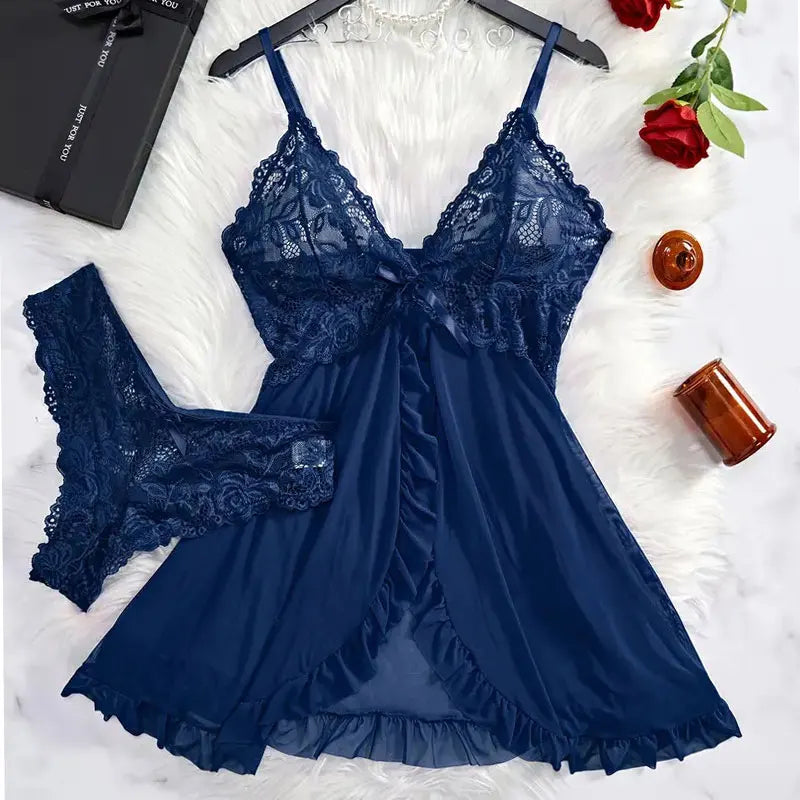 Suspender Suit Summer Ultra-thin Nightgown Lace Thong Sets Women's Sexy Pyjamas Lingerie Hot Night Dress Comfortable Sleepwear