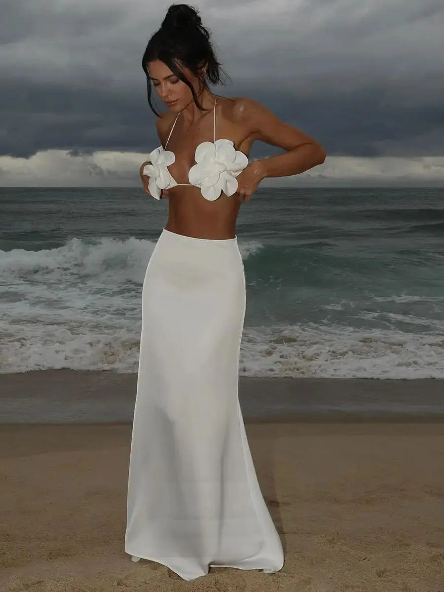 New Women Two Piece Set Skirt Suit 3D Flower Top Skirt Sleeveless Sweet Waist Chic Slit Skirt Beach Dance Robe