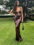 Sexy Women Maxi Dresses Elegant Sequins Sleeveless Female Long Dress Fashion  Solid Deep V Neck Ladies Party Robe Dress