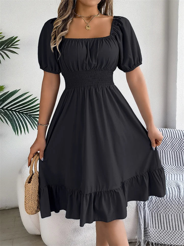 Msfilia Leisure Square Collar Spring Summer Dress Women Short Sleeve Loose Waist Design Lotus Leaf A-shaped Print Dress