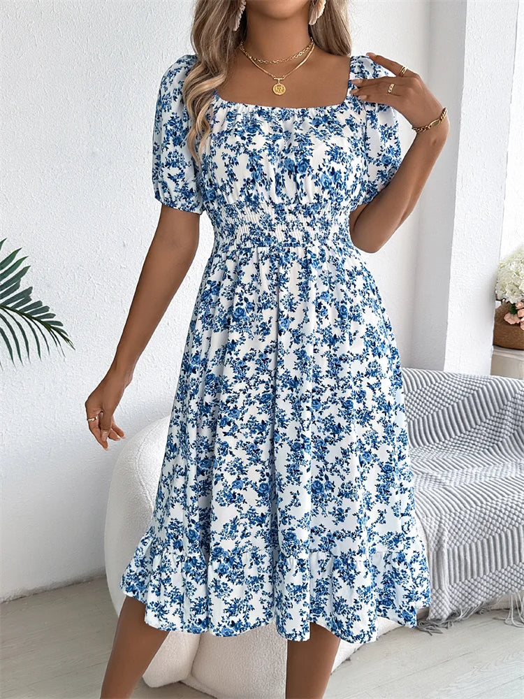 Msfilia Leisure Square Collar Spring Summer Dress Women Short Sleeve Loose Waist Design Lotus Leaf A-shaped Print Dress