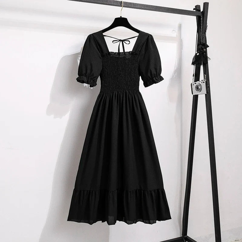 Spring Summer Chiffon Dresses Fashion Female Elastic Waist Short Sleeve Pleated Casual Dress Women A-line Dresses Vestidos