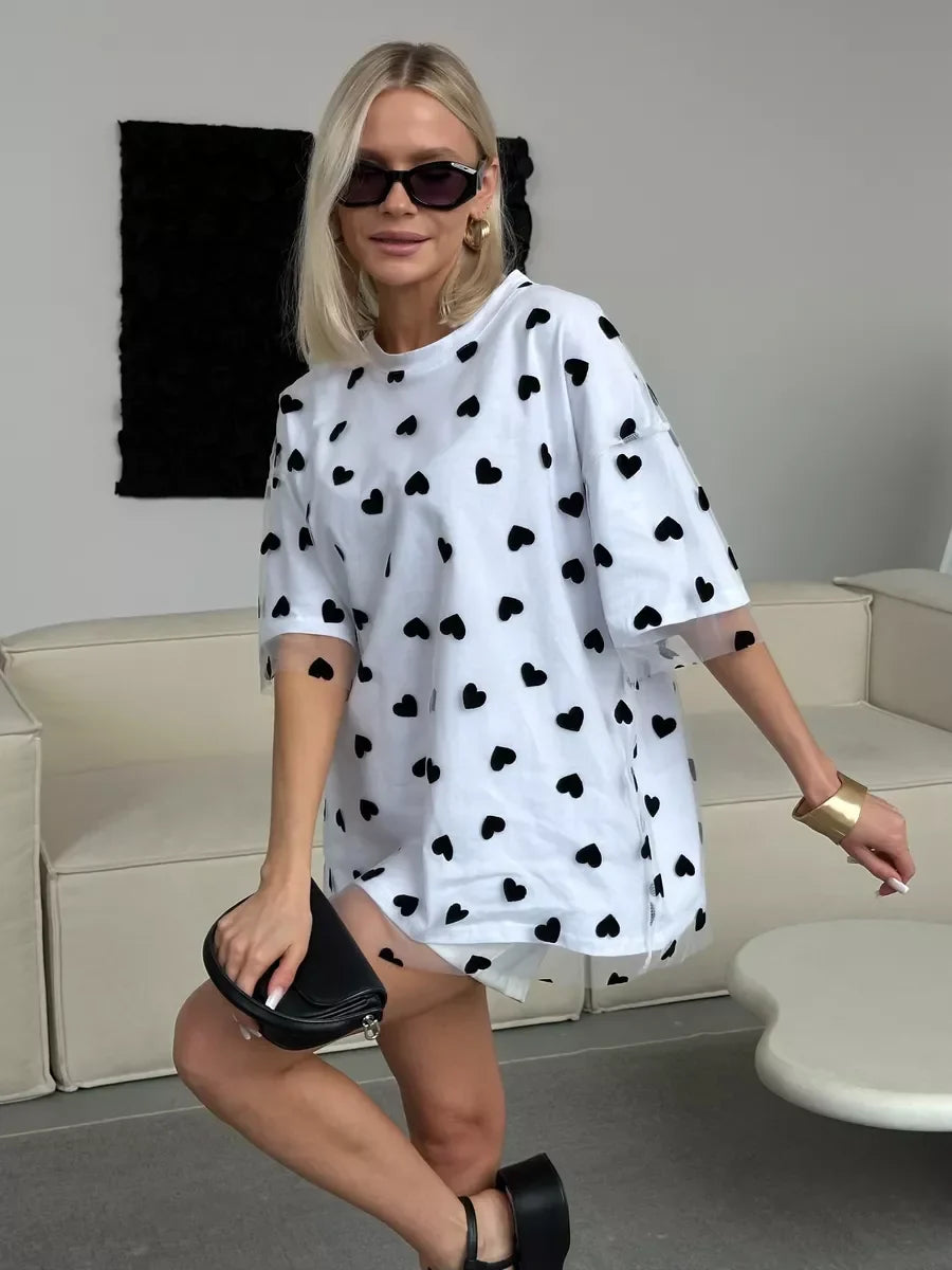 Hirsionsan Heart  Mesh Patchwork Vintage T Shirt Streetwear Aesthetic Chic T Shirt Women Casual Cotton Short Sleeve Tops Y2k