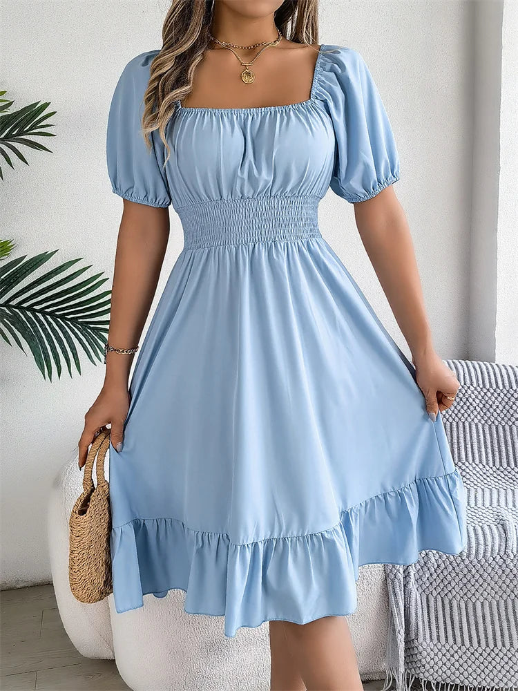 Msfilia Leisure Square Collar Spring Summer Dress Women Short Sleeve Loose Waist Design Lotus Leaf A-shaped Print Dress