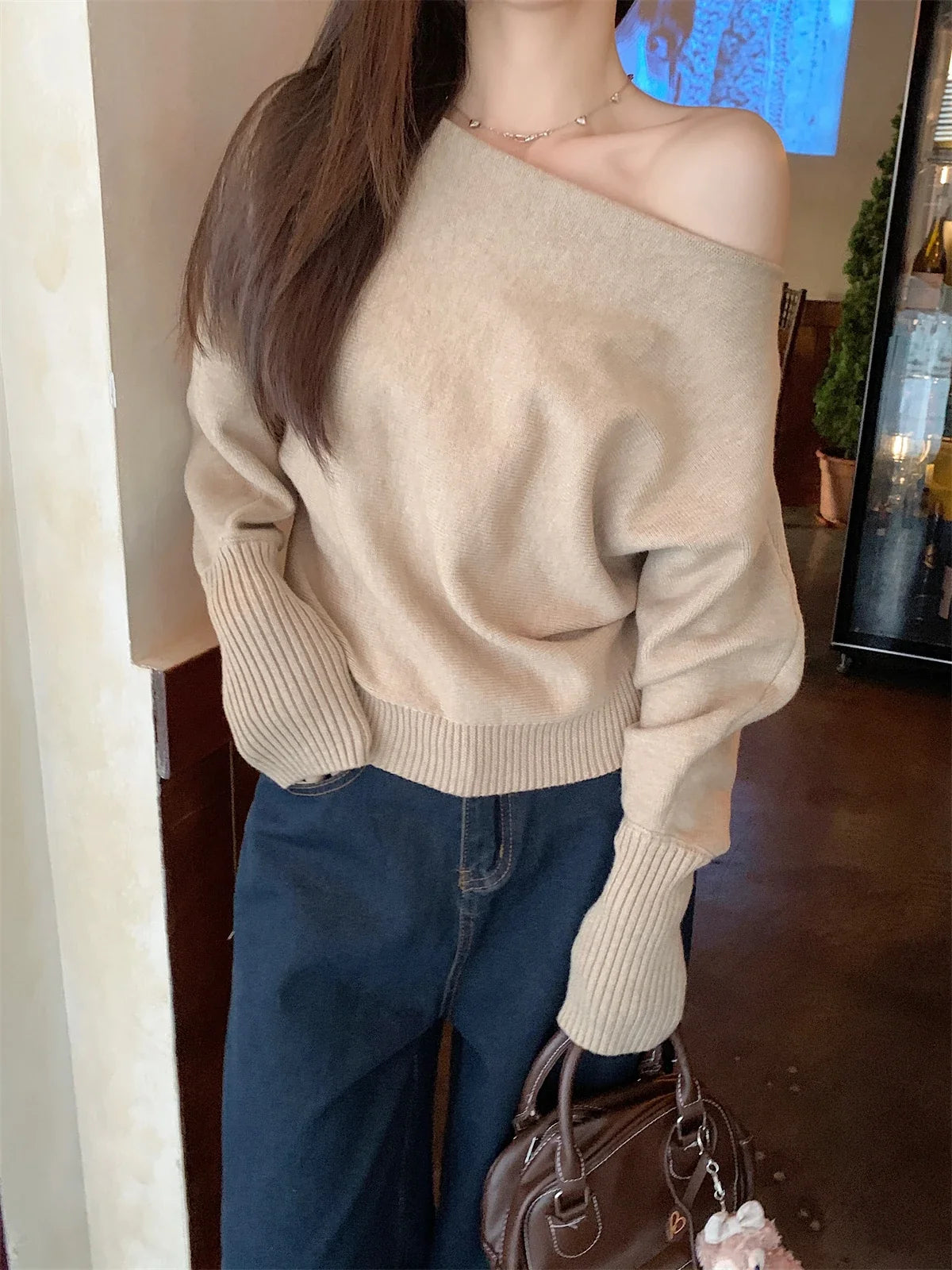 Off Shoulder Knit Top for Women Slash Neck Rib-knit Batwing Sleeve Sweater Pullovers Autumn Winter Korean Fashion Outfit