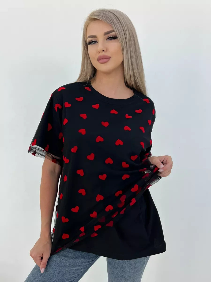 Hirsionsan Heart  Mesh Patchwork Vintage T Shirt Streetwear Aesthetic Chic T Shirt Women Casual Cotton Short Sleeve Tops Y2k