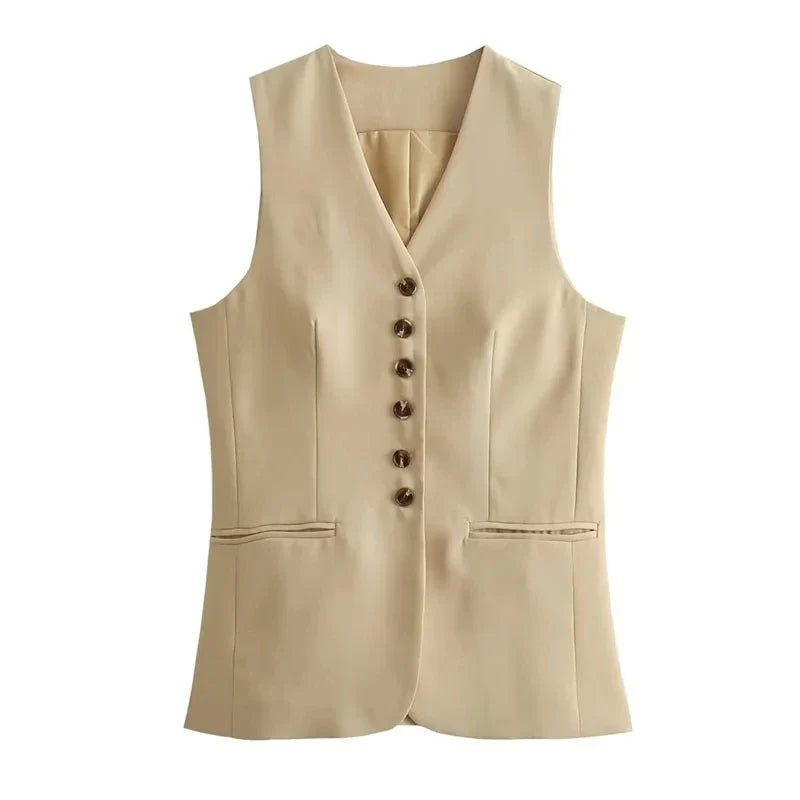 HH Women 2024 Fashion Summer Vest Skirt Sets Khaki V-Neck Sleeveless Pockets Waistcoats+High Waist Asymmetrical Skirt Suits