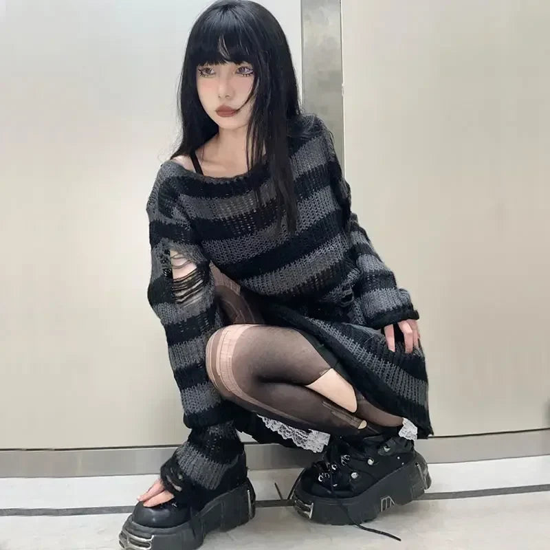 New Purple Striped Gothic Sweaters Women Ripped Holes Loose Knitted Pullover Frayed Fairy Grunge Jumpers Emo Streetwear Lolita