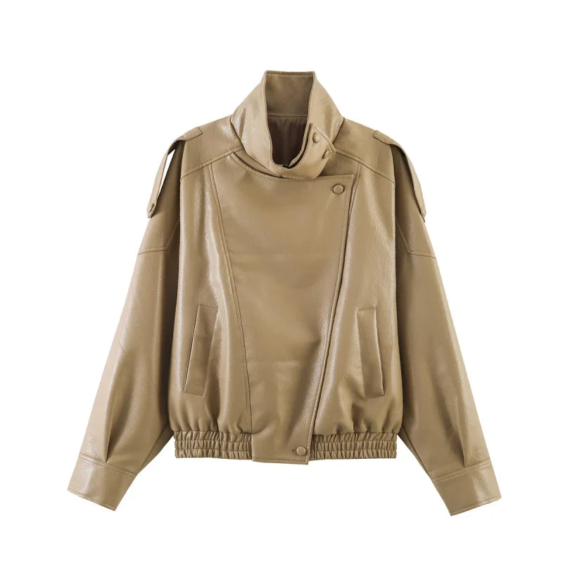 HH Autumn Faux Leather Jacket For Women Casual Solid Long Sleeve Zipper Pu Leather Coats New Fashion Female Streetwear