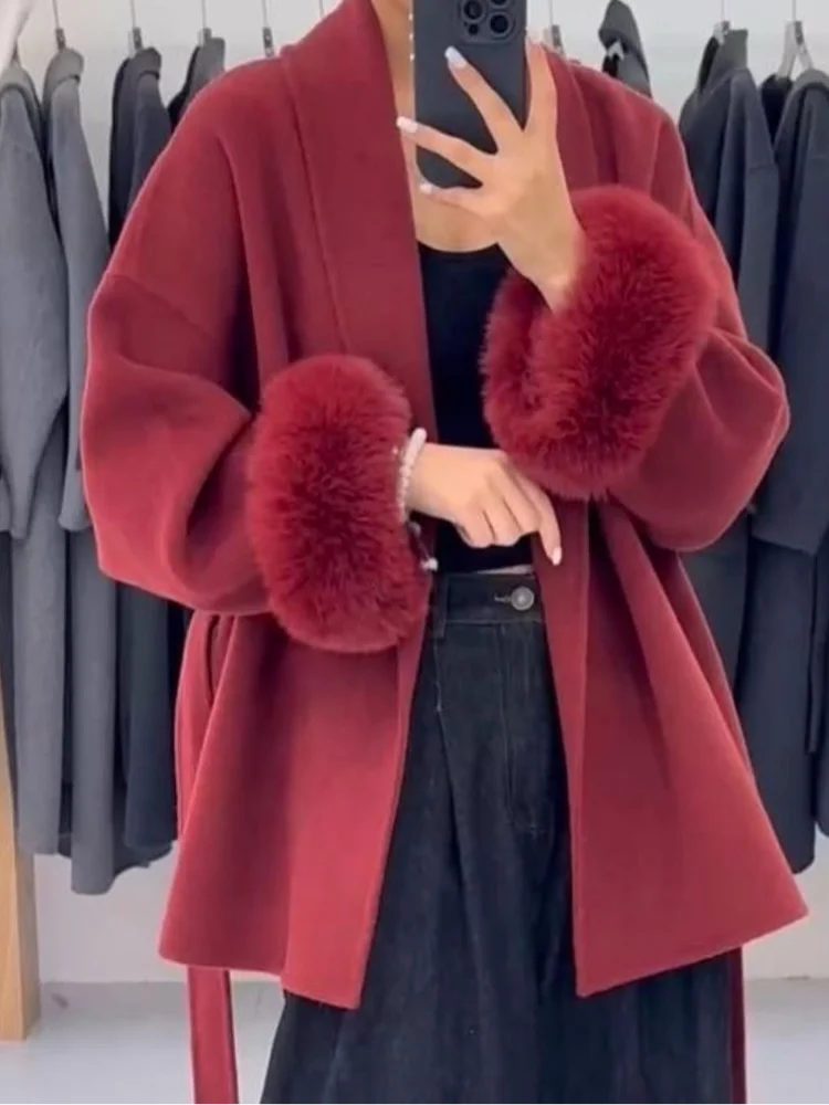 Solid Lace Up Faux Fur Sleeve Jacket Woman Elegant Mid-length V-neck Woolen Blend Coat Autumn Casual Fashion Scarf Outwear 2025