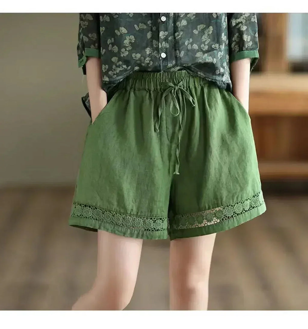 Cotton Linen Vintage High-Waist Elastic New Style Tie-Belt Embroidered Hollow Casual Straight Shorts